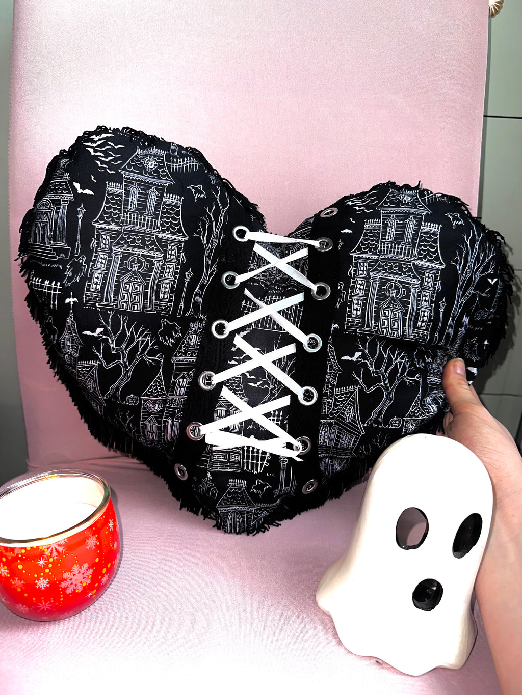 Haunted House - Fringe Trim Heart Shape Pillow